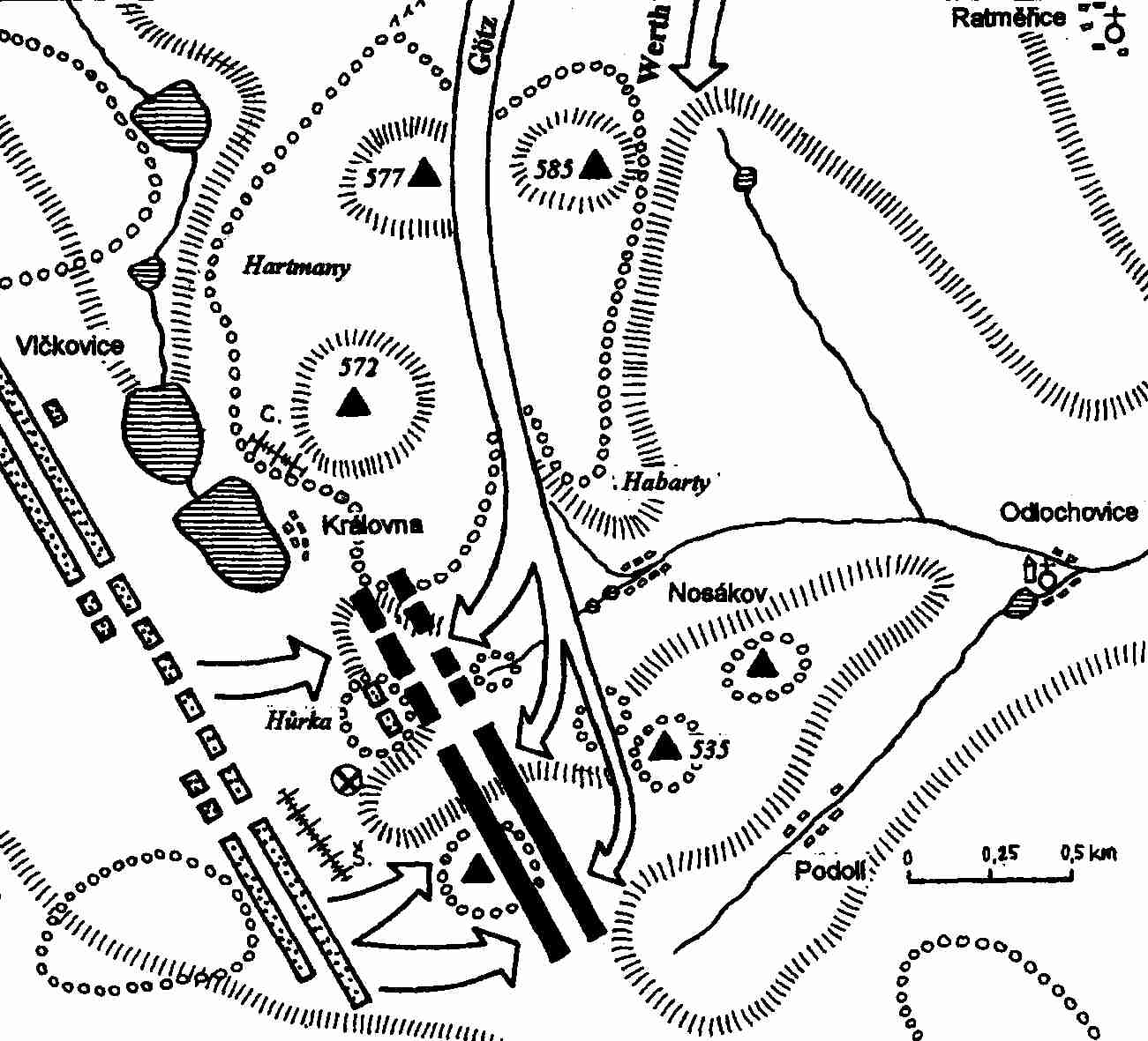  Götzův protiútok v bitvě u Jankova   ( X - místo, kde Götz pravděpodobně padl)